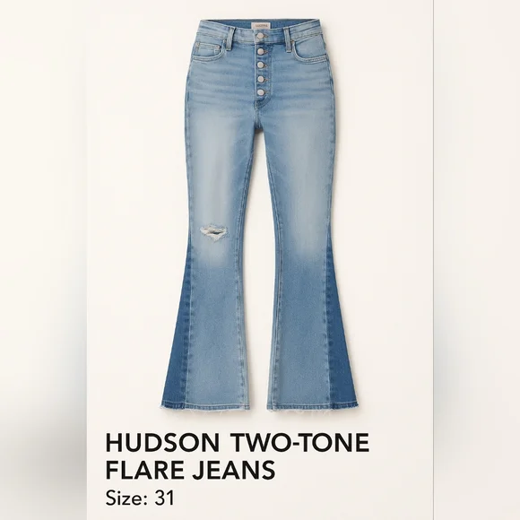 NEW Hudson Faye Jeans | Ultra High Rise Flare | Two-Tone Distressed Denim Sz 31 - Picture 2 of 16